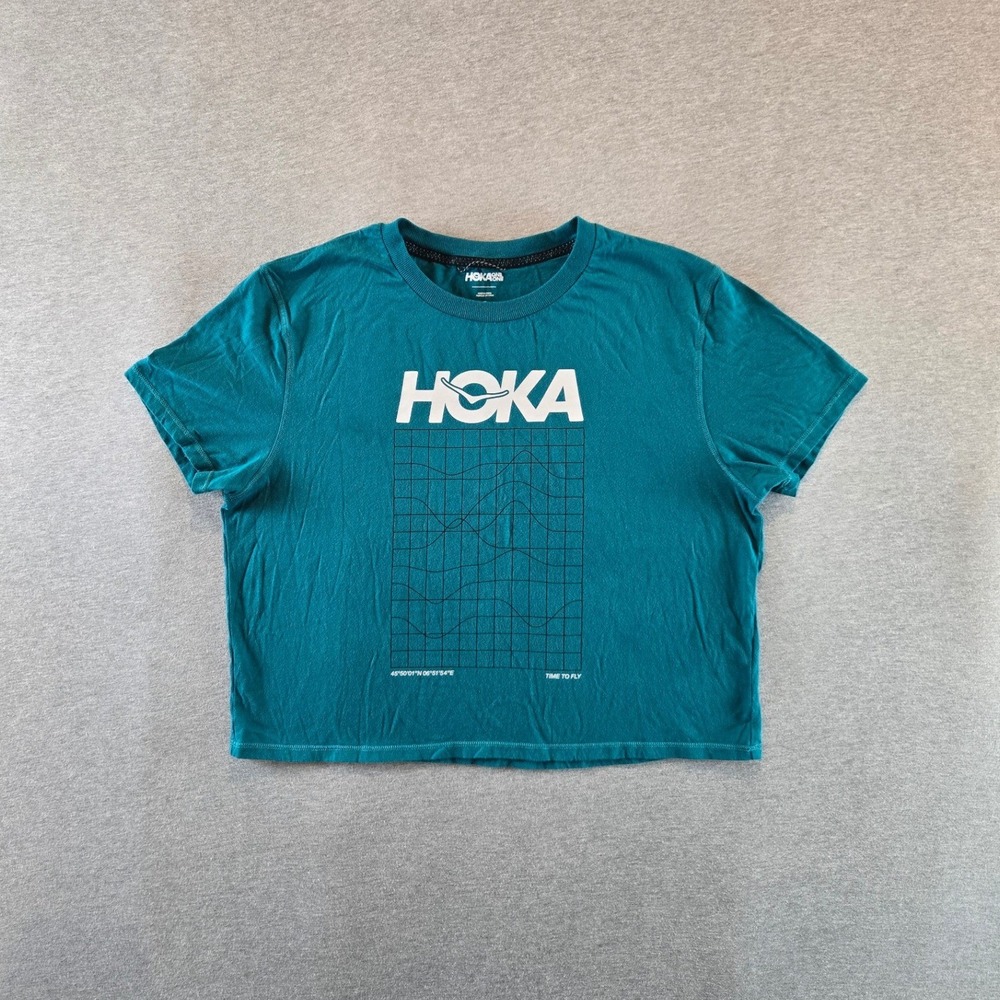 HOKA All-Day Crop Graphic Tee Womens Medium Teal Blue Short Sleeve Cotton Shirt